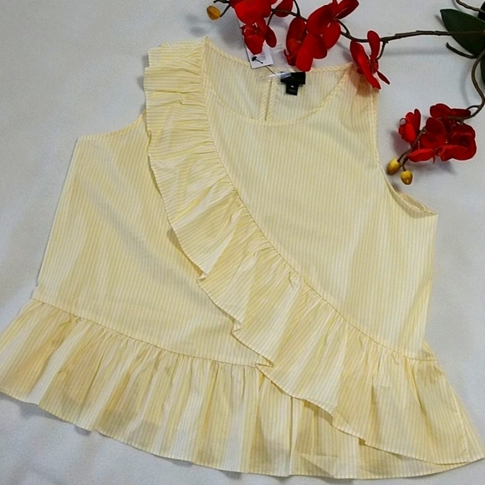 NEW Peplum Top Pastel Yellow Worthington Stretch Pullover Sleeveless Pinstripe M - Picture 2 of 8